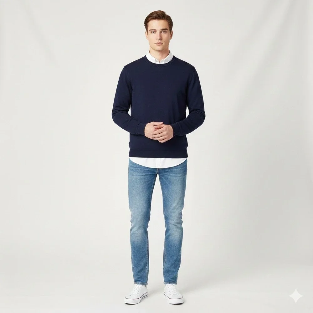 J. Crew Navy Crew‎ Neck L/S Cotton Sweater Mens XL Preppy Minimalist Old Money